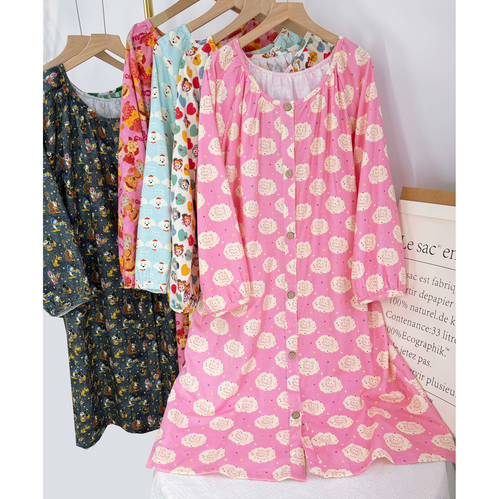 纯棉睡裙女婴纱春秋长袖长款宽松大码休闲卡通可爱家居服磨毛睡衣