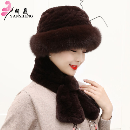 女冬皮草狐狸毛护耳保暖套装帽子