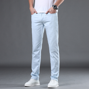 夏季薄款超浅蓝色高弹力修身小脚牛仔裤男青年弹性长裤子潮流男装