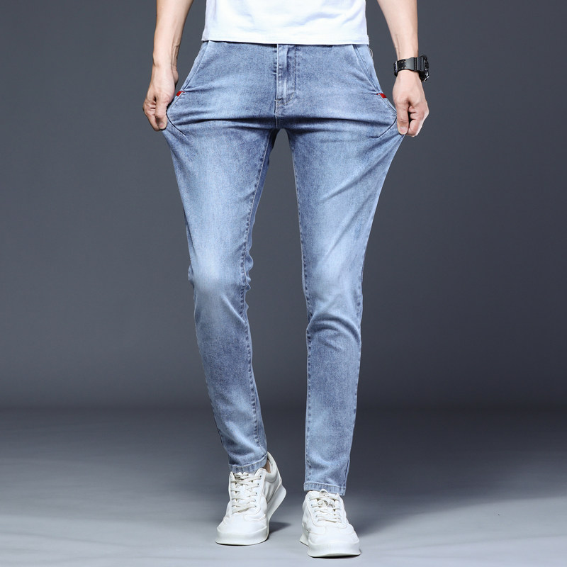 秋冬新款高弹力修身小脚牛仔裤男青年浅蓝色弹性显瘦长裤子潮男装