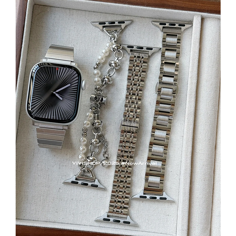 适用于iwatchs11苹果手表10代表带不锈钢金属高级感女款789银色se