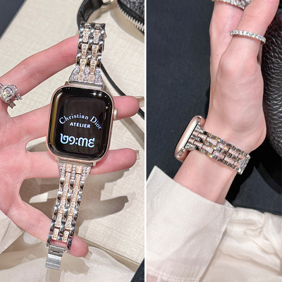 鎏金闪钻轻奢金属表带适用苹果手表iwatchs11/10女款SE夏天98高级