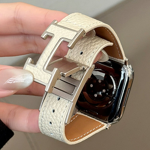 适用于iwatch表带荔枝纹真皮磁吸