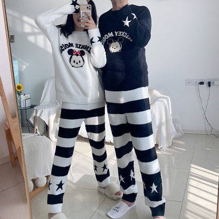 卡通可爱情侣睡衣女秋冬软绵绵套头长袖珊瑚绒加厚居家服男冬套装