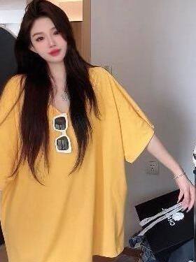胖MM慵懒风300斤特大码冰丝V领短袖T恤女休闲夏季宽松显瘦上衣女