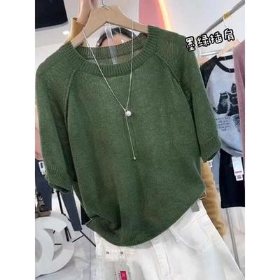 高级感软糯短袖墨绿色针织衫