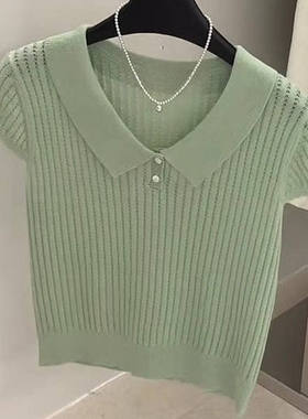 特大码300斤轻奢绿色polo领冰丝针织t恤女夏胖mm宽松减龄短袖上衣