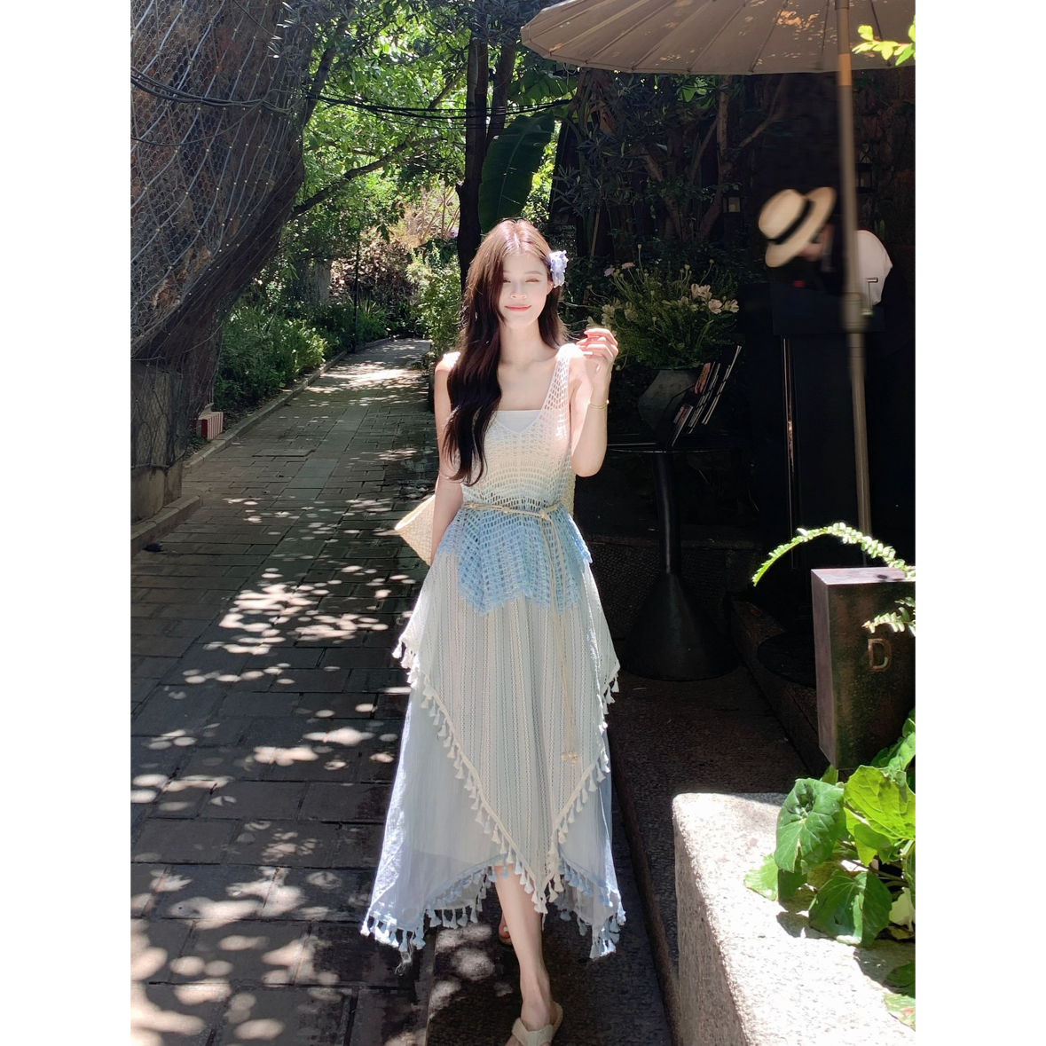 度假风套装女夏季镂空罩衫叠穿吊带背心流苏半身裙ootd穿搭一整套