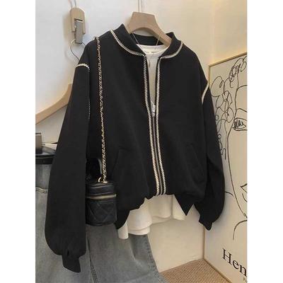 黑色美式棒球服卫衣外套女2025春秋季小个子百搭开衫拉链夹克上衣
