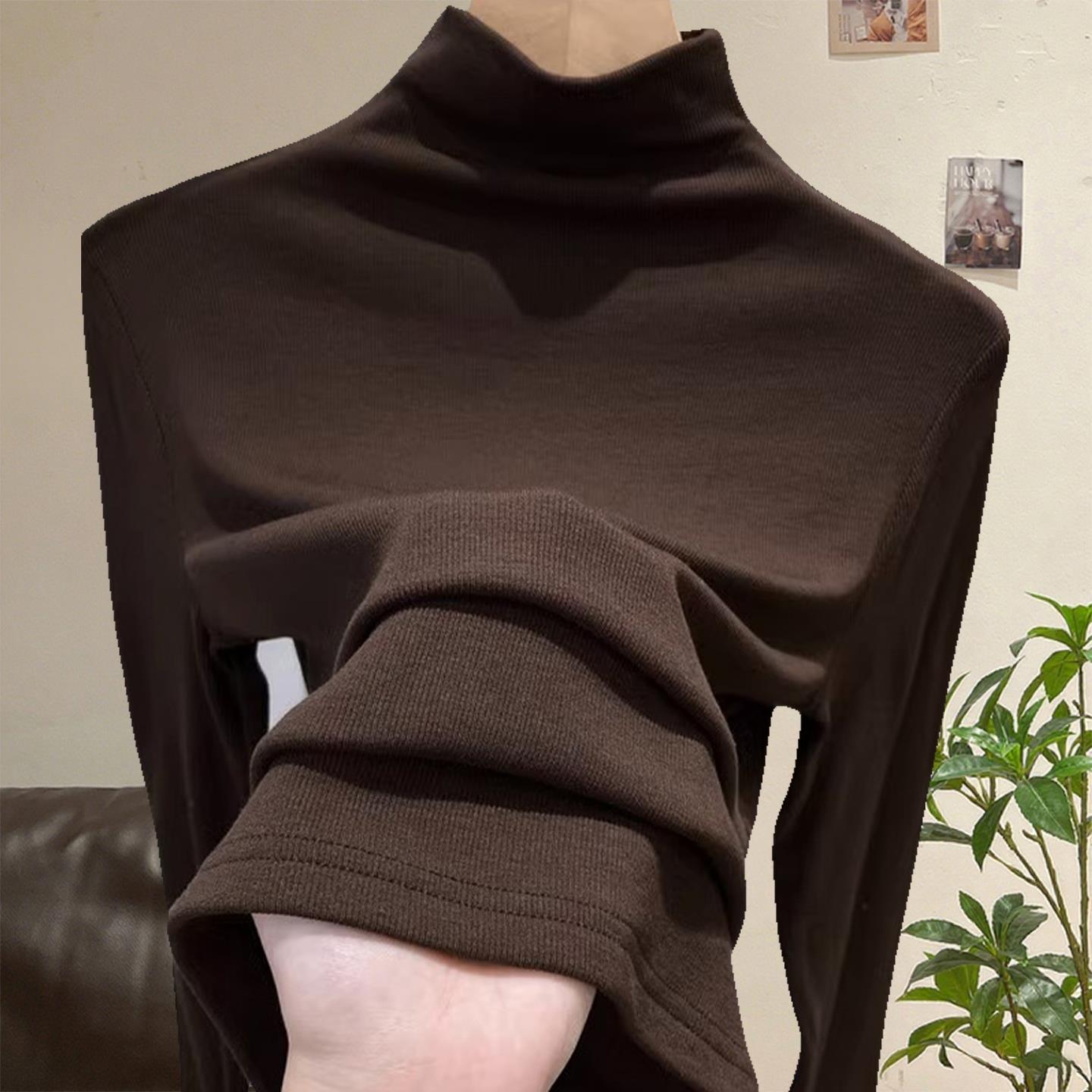 欧货高端大牌半高领打底衫女秋冬内搭修身显瘦咖色长袖T恤上衣
