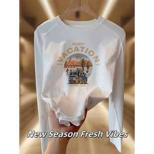 棉质正肩圆领长袖t恤女春秋新款奢华大牌高端鱼骨上衣白色打底衫