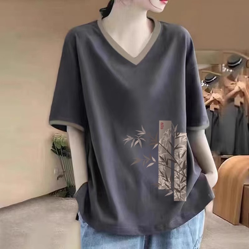撞色灰色V领短袖T恤女2025夏季新款宽松大码胖mm遮肚显瘦半袖上衣