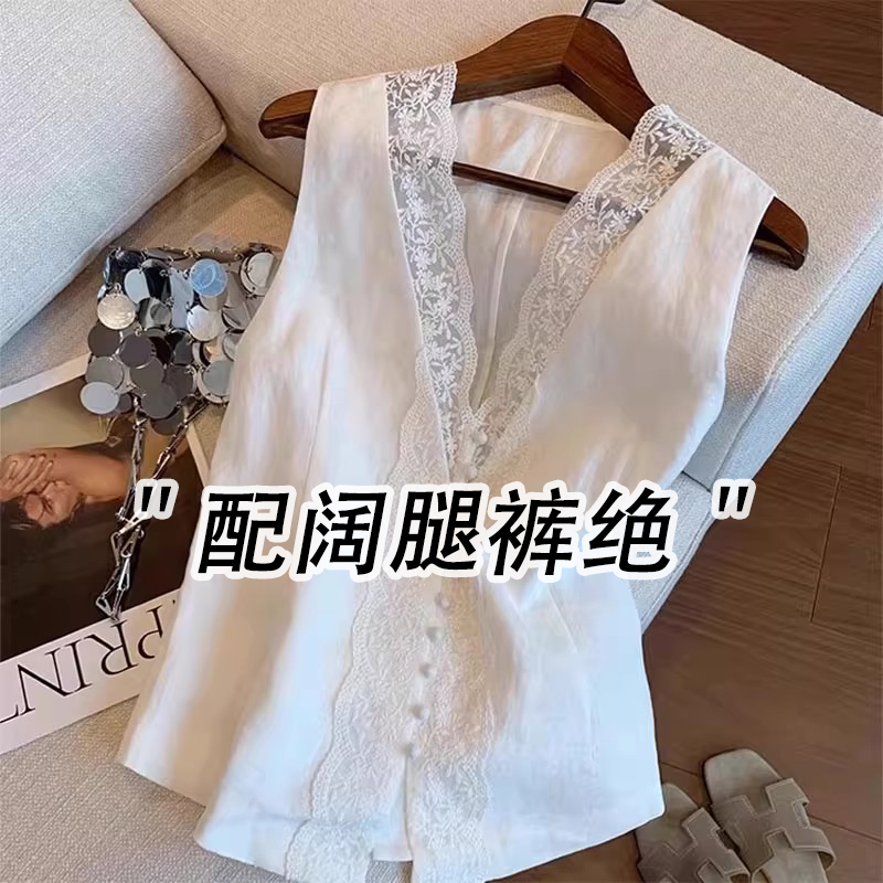白色亚麻蕾丝拼接吊带背心女夏外穿法式小资气质显瘦v领无袖上衣