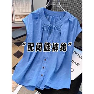 克莱因蓝色小飞袖棉麻衬衫女款夏季系带显瘦亚麻衬衣短袖开衫上衣