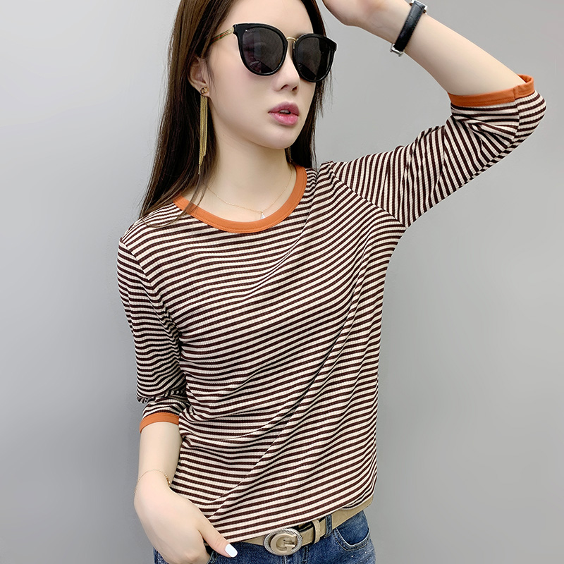 欧洲站秋装2025年新款欧货条纹中长袖t恤女ins打底衫半袖秋季内搭