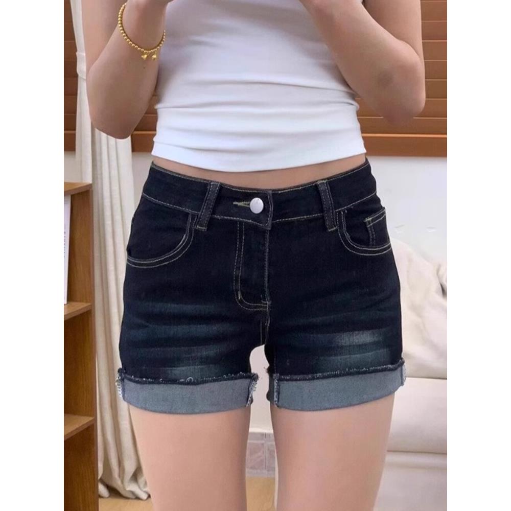 美式深蓝色牛仔短裤女夏季新款高腰紧身显瘦辣妹包臀a字卷边热裤