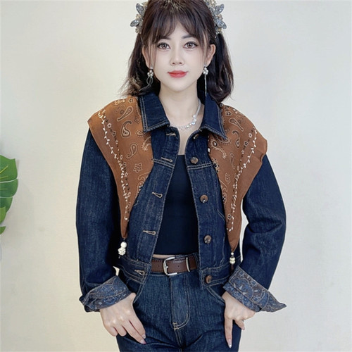 迪否复古牛仔外套女士新款时尚翻领披肩长袖休闲上衣夹克2553