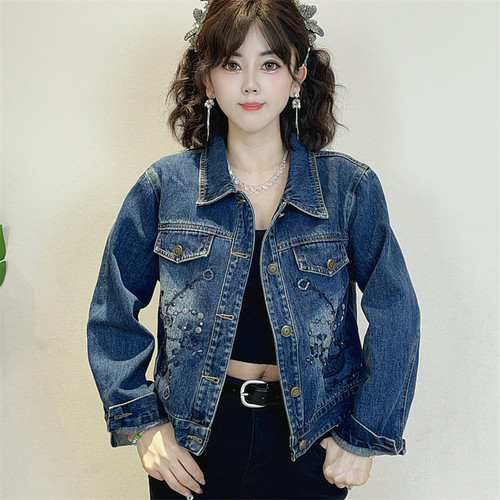 迪否刺绣亮片牛仔外套女士小个子翻领夹克复古长袖蓝色上衣2566