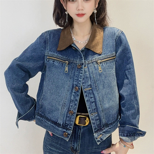 迪否时尚翻领牛仔外套长袖休闲秋季复古女士新款上衣夹克2554