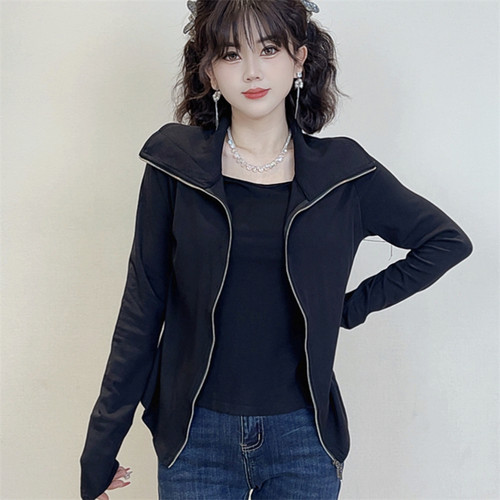 迪否假两件长袖T恤秋季新款时尚高弹力外套百搭翻领显瘦女装2568