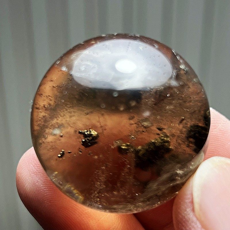 天然茶水晶包裹黄铜矿花球摆件原石打磨家居客厅办公室桌面装饰品