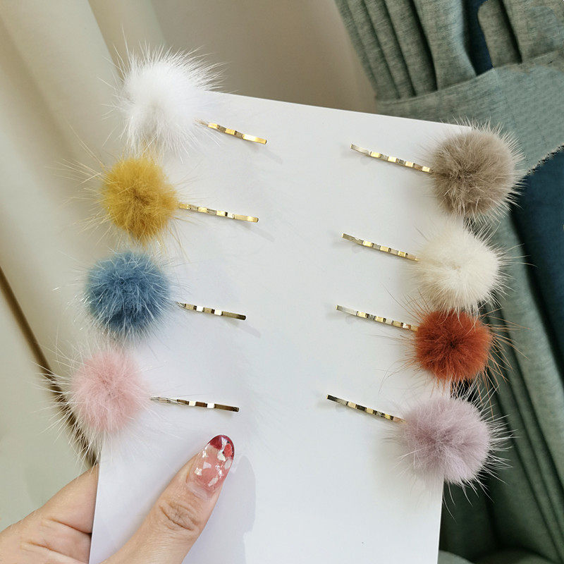 水貂毛一字夹糖果色毛球发夹刘海夹秋冬仿皮草发卡基础百搭发饰女