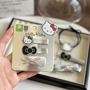正版hellokitty银色发饰少女刘海碎发夹凯蒂猫高级感皮质边夹皮筋