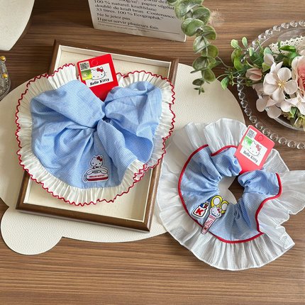 正版Hello Kitty韩系蓝色格纹拼色大肠圈女超大丸子头发圈慵懒风