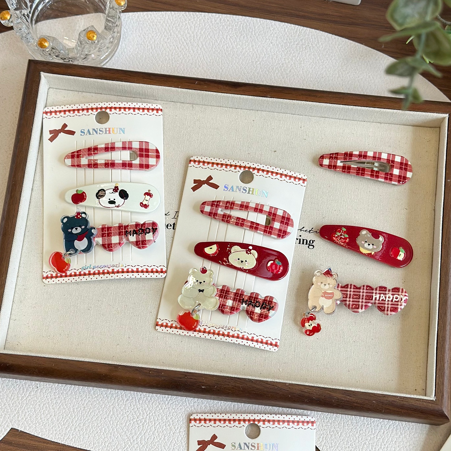 红色小熊发夹3件套~苹果格纹BB夹