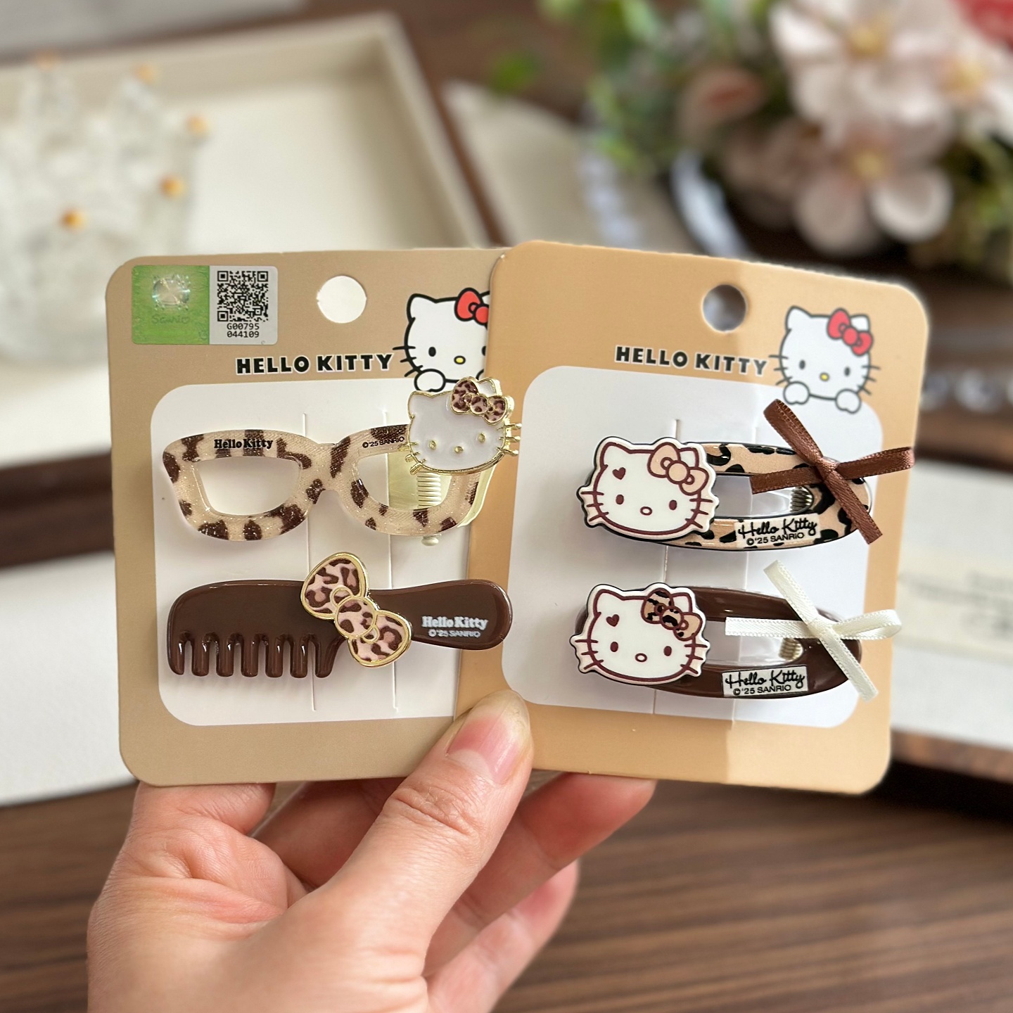 凯蒂猫豹纹眼镜发梳发夹女咖色夹