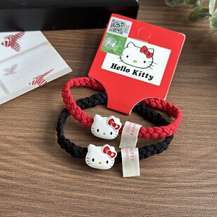 正版 凯蒂猫红黑辫子头绳金属头发圈情侣学生扎发绳美乐蒂手链两用