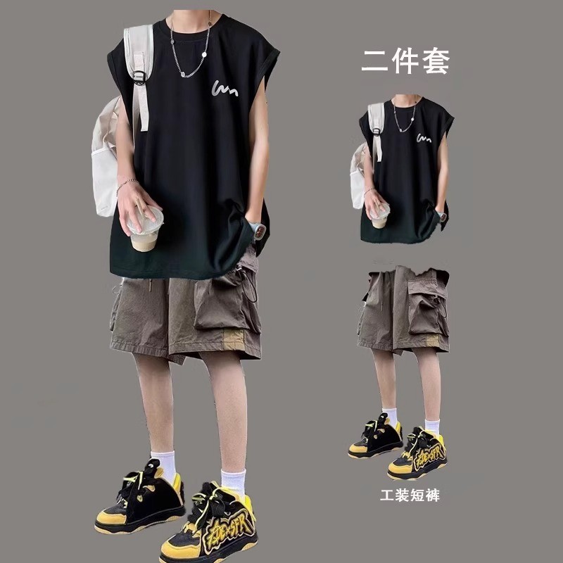 夏季无袖t恤套装男背心潮牌一套