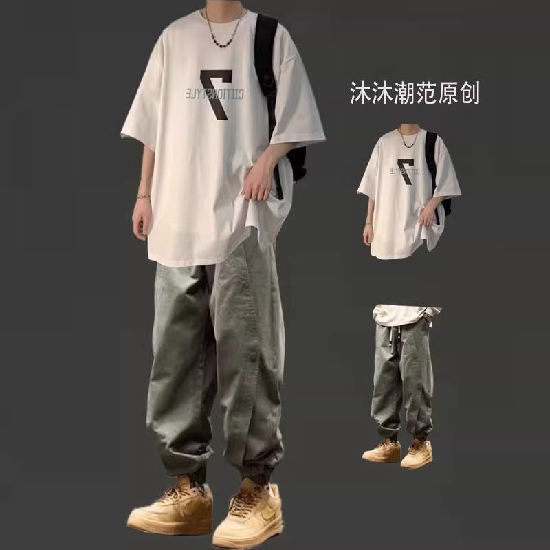 美式休闲男士套装夏季潮牌短袖T恤宽松男装一整套搭配穿搭工装裤