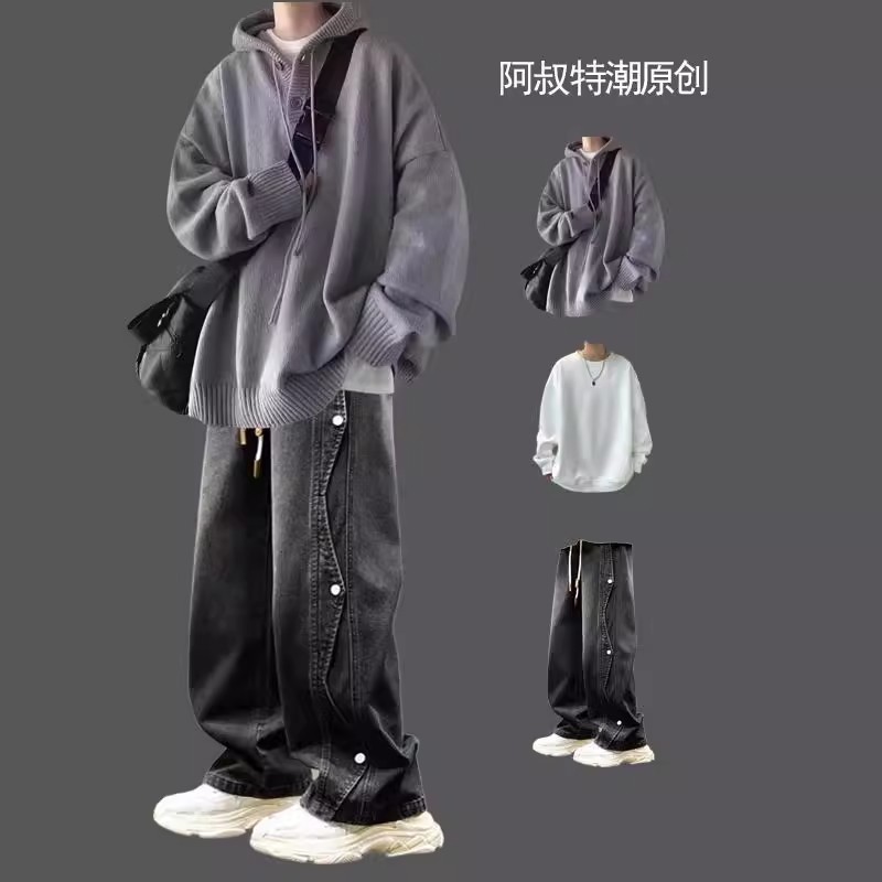 慵懒风连帽毛衣男生酷帅穿搭套装