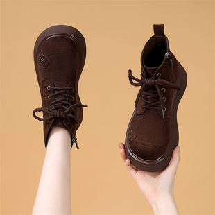 韩版圆头勃肯绒布面厚底马丁靴女2025秋冬系带短靴增高显瘦工装靴