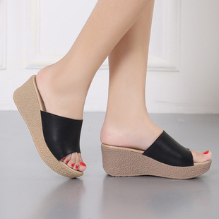 真皮坡跟凉拖鞋 女外穿松糕厚底中跟软底露趾防滑头层牛皮一字拖夏