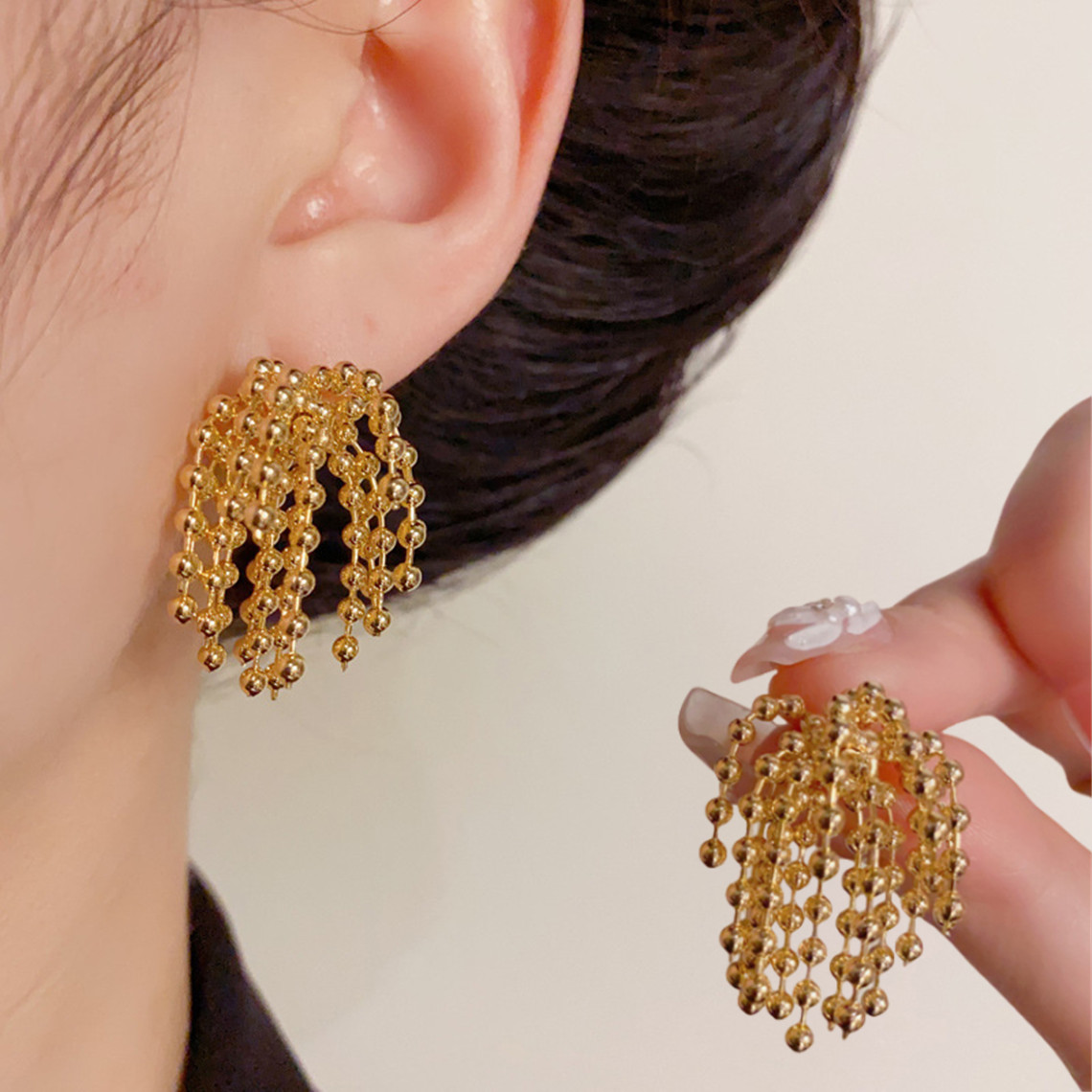 小众高级感金属球球烟花流苏耳钉女夸张个性时尚通勤百搭耳环耳饰