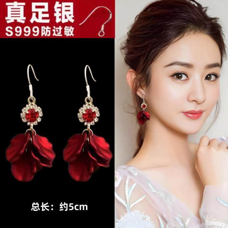 S999纯银钩红色花朵耳环2025新款爆款高级感花瓣耳钉新娘流苏耳饰图片