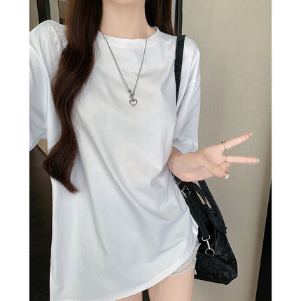 K2826严选韩版圆领下摆开叉短袖T恤女夏季宽松显瘦设计感打底上衣