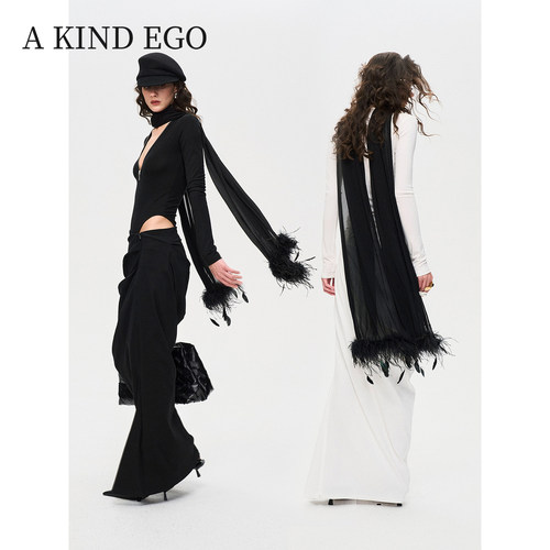 AKINDEGO黑纱翎影鸵鸟毛围巾