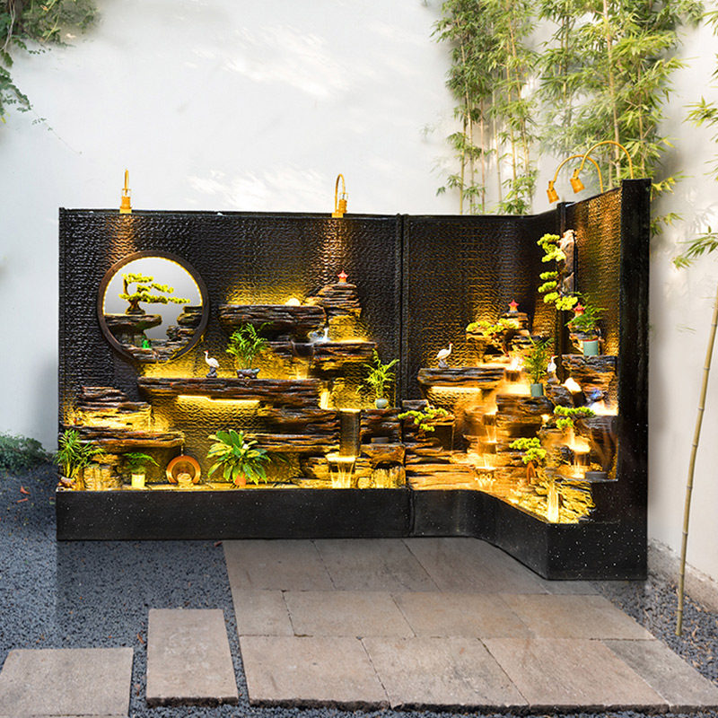 大型水幕墙流水墙庭院花园布置室外假山喷泉院子水景装饰公司摆件