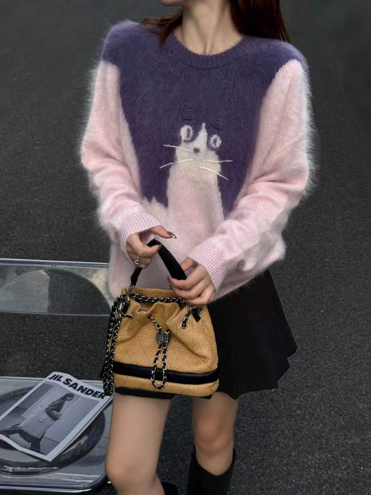 2026羊毛拉绒重工提花猫咪图案慵懒风圆领套头毛衣女显瘦针织衫