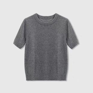 2024 秋冬新款纯羊绒衫短袖t恤女宽松圆领针织打底衫半袖毛衣厚