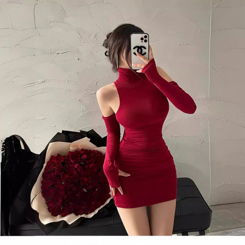 性感高领伪娘cd变装紧身连衣裙甜美纯欲风挂脖女装大佬包臀裙男娘