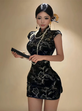 大码新中式改良旗袍伪娘cd变装连衣裙修身包臀女装大佬短款小黑裙