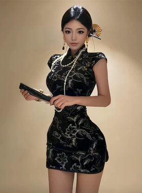 大码新中式改良旗袍伪娘cd变装连衣裙修身包臀女装大佬短款小黑裙