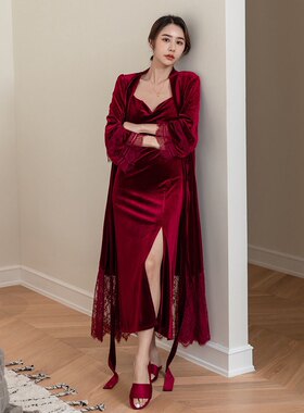 丝绒长款晨袍睡衣女春秋性感睡袍两件套秋季吊带睡裙婚礼新娘红色