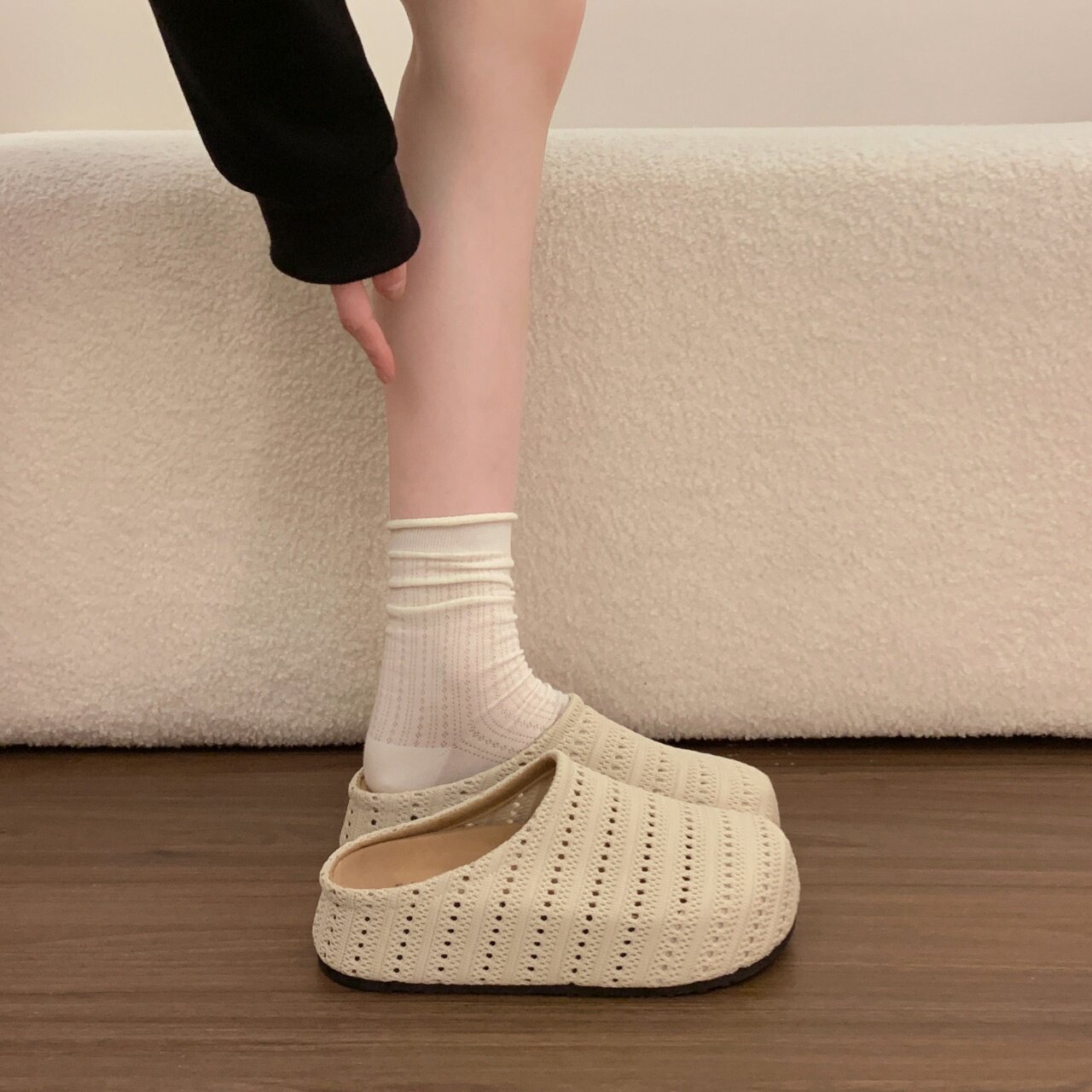 内增高厚底勃肯包头半拖鞋女夏外穿2026新款法式编织镂空透气凉拖