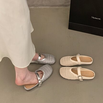 品牌真皮法式包头半拖鞋女夏外穿镂空编织网面一脚蹬透气洞洞凉拖
