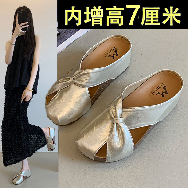 真皮内增高勃肯包头半拖鞋女夏外穿2026新款厚底仙女风镂空凉拖鞋